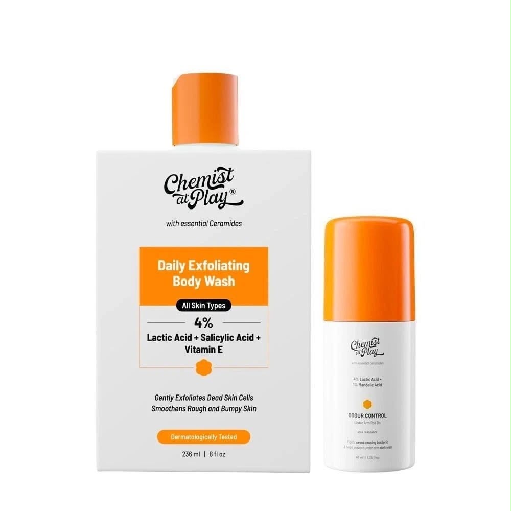 Chemist at Play Daily Exfoliating Body Wash 4% Lactic Acid + Salicylic Acid + Vitamin E 236ml (with Underarm Roll On Combo)